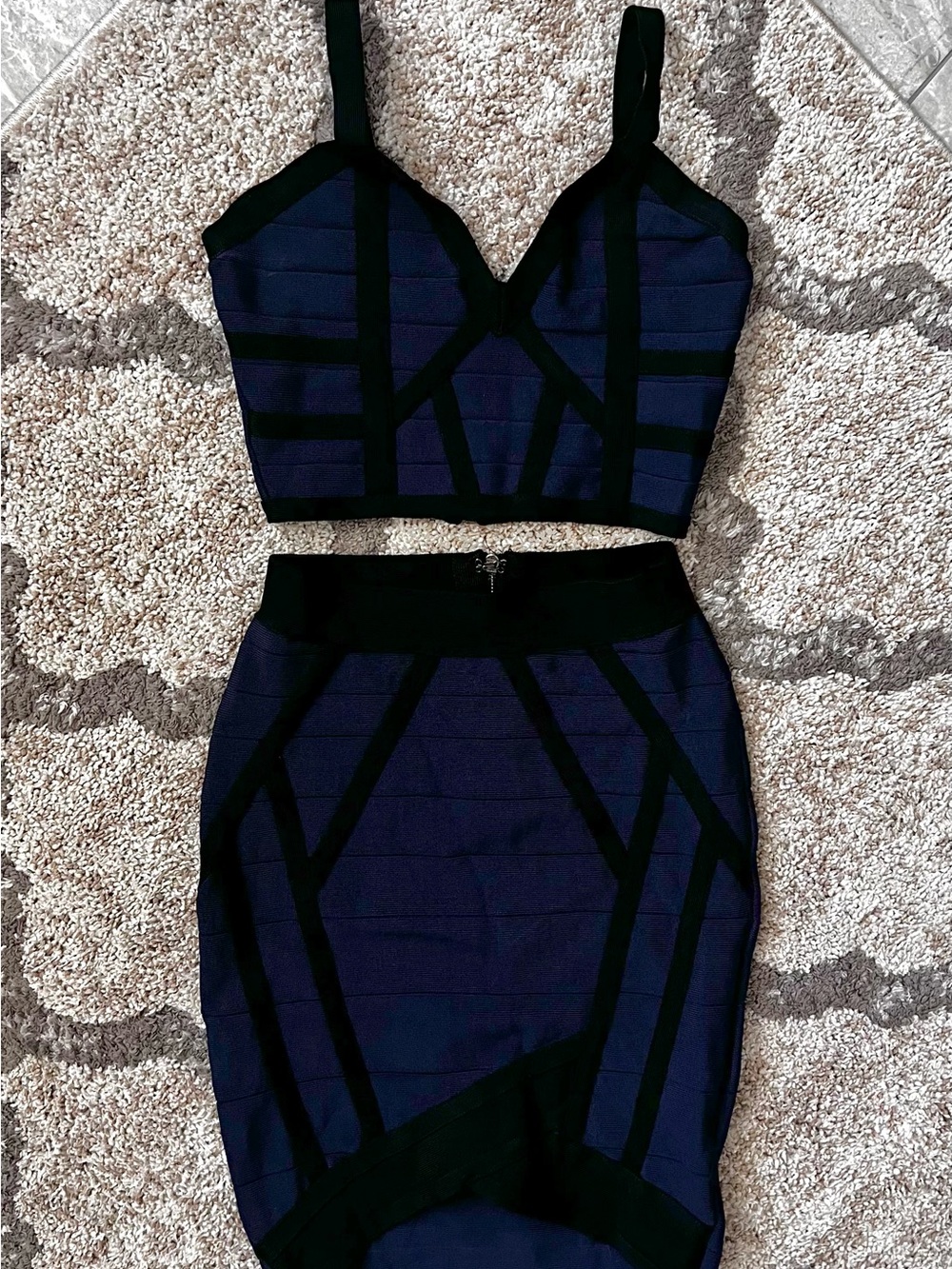bebe Black/Navy Blue Two-Piece Bandage Crop Top & Skirt Set|Size XXS
